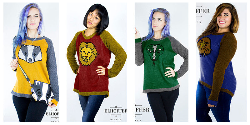 Hogwarts house themed knitted sweaters by Elhoffer Design